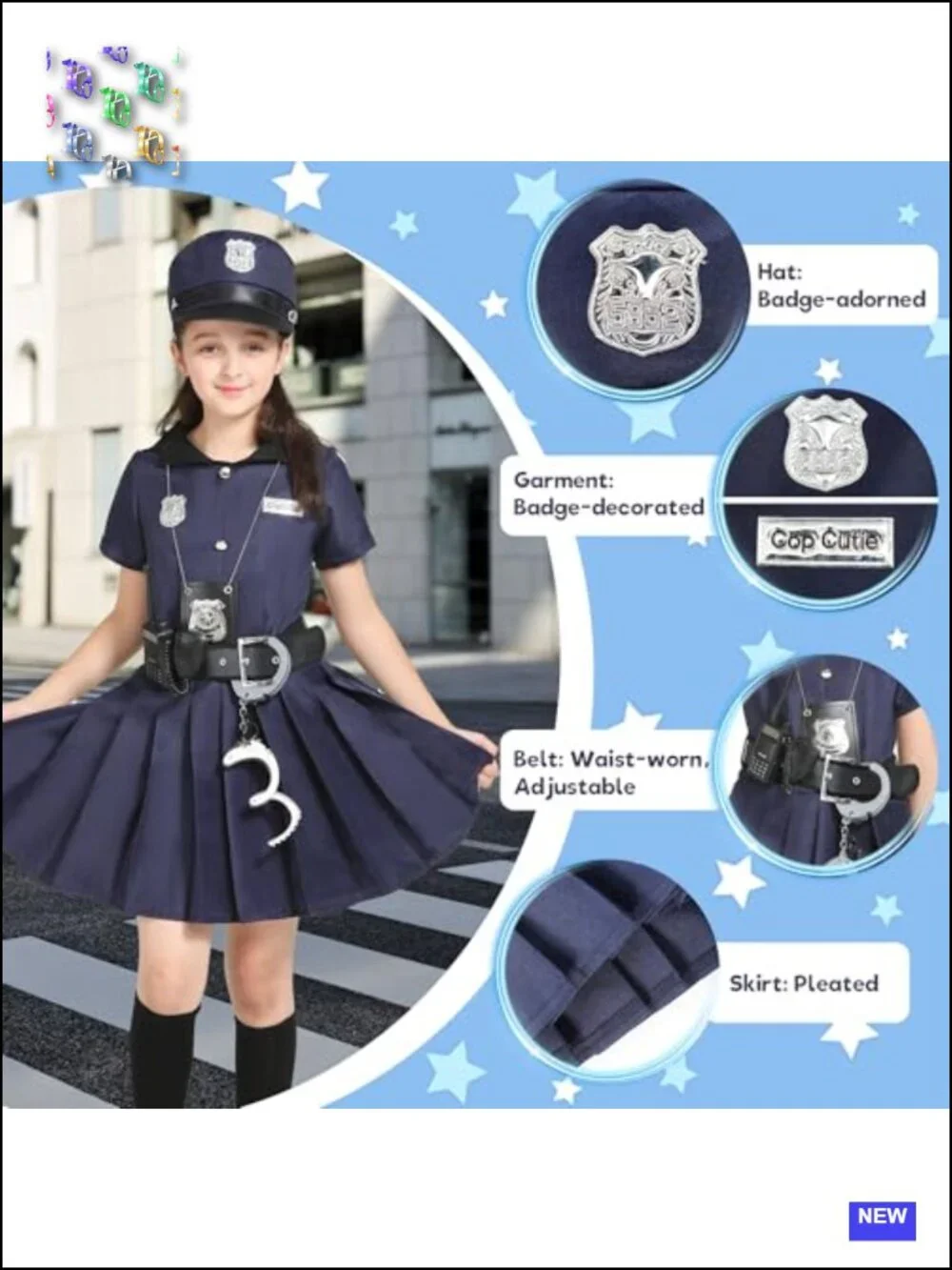 Kids Police Officer Costume Set 6pc Dress Up Role Play Hat Badge Handcuffs